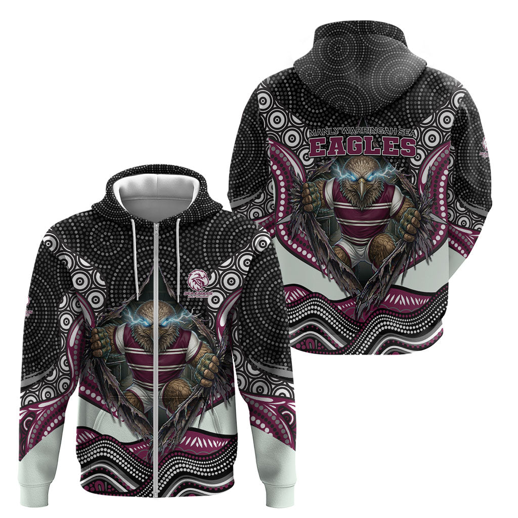 Manly Warringah Sea Eagles Zip Hoodie The Scream of Lightning Eyes - Indigenous Dot Ripping Effect