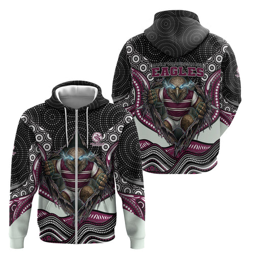 Manly Warringah Sea Eagles Zip Hoodie The Scream of Lightning Eyes - Indigenous Dot Ripping Effect