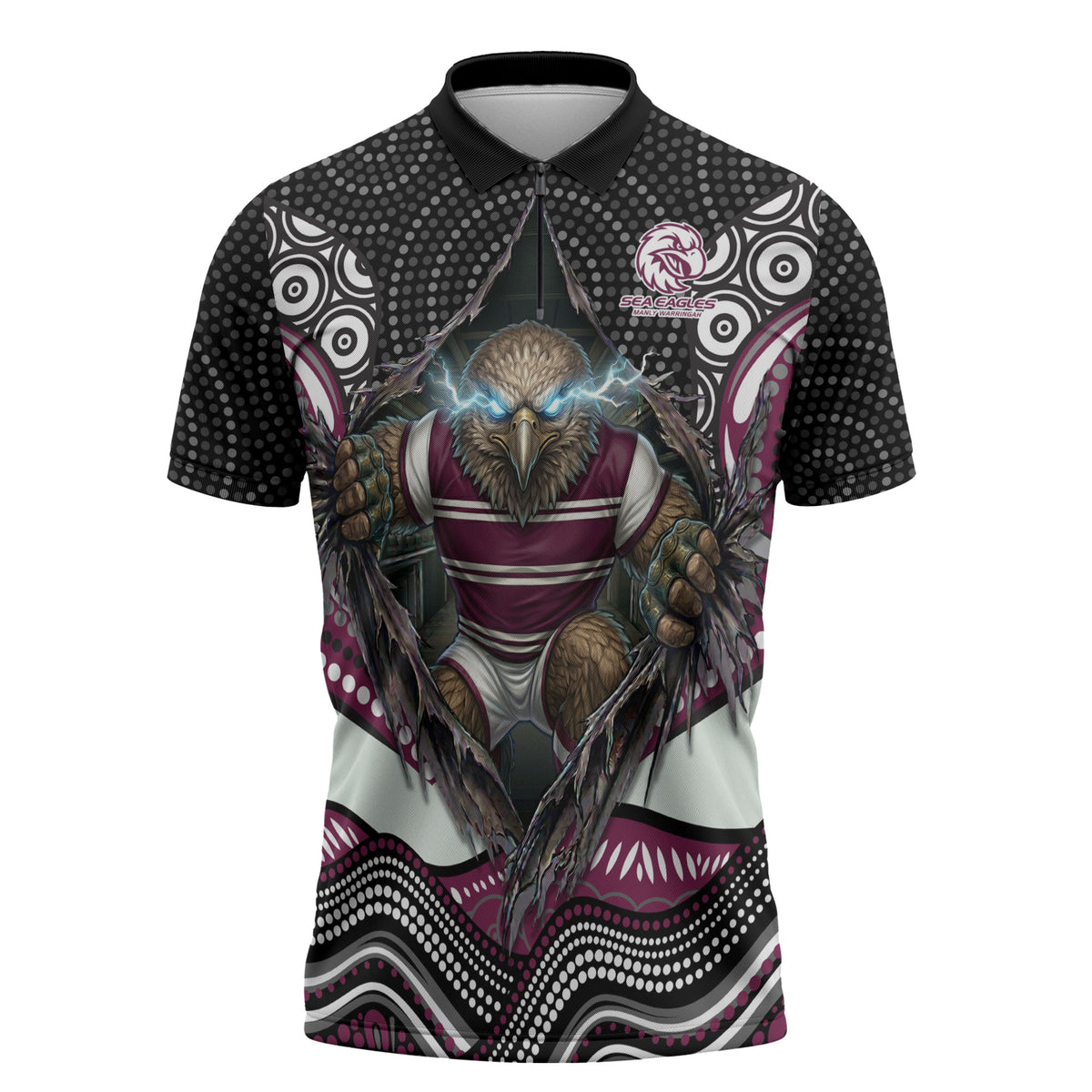 Manly Warringah Sea Eagles Zipper Polo Shirt The Scream of Lightning Eyes - Indigenous Dot Ripping Effect