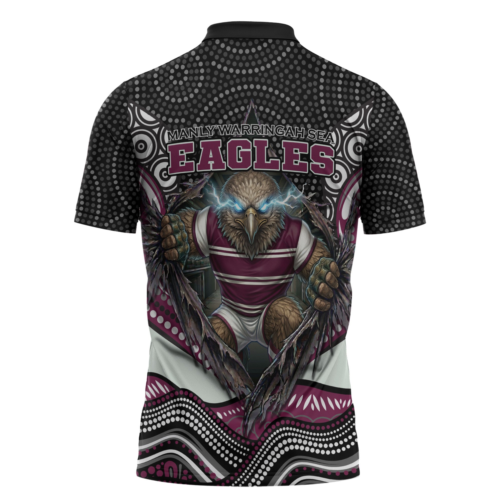 Manly Warringah Sea Eagles Zipper Polo Shirt The Scream of Lightning Eyes - Indigenous Dot Ripping Effect