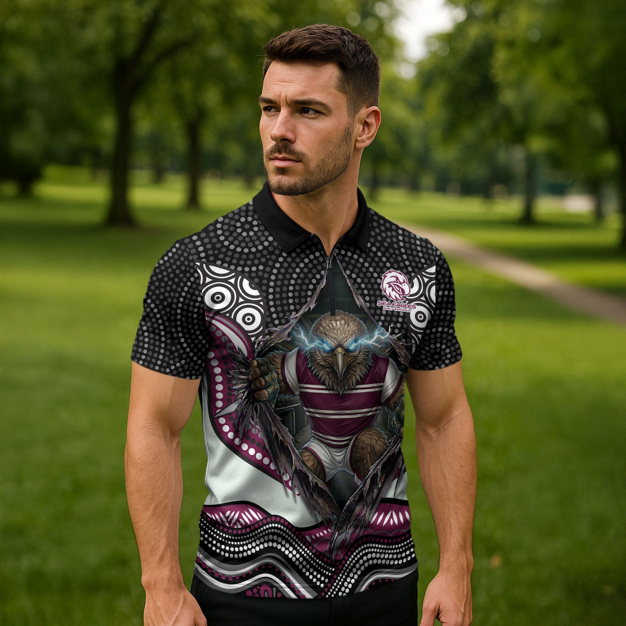 Manly Warringah Sea Eagles Zipper Polo Shirt The Scream of Lightning Eyes - Indigenous Dot Ripping Effect