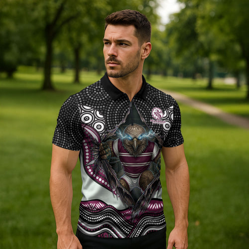 Manly Warringah Sea Eagles Zipper Polo Shirt The Scream of Lightning Eyes - Indigenous Dot Ripping Effect