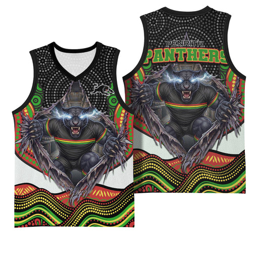 Penrith Panthers Basketball Jersey The Scream of Lightning Eyes - Indigenous Dot Ripping Effect