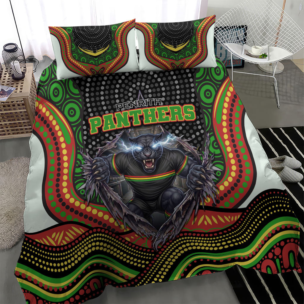Penrith Panthers Bedding Set The Scream of Lightning Eyes - Indigenous Dot Ripping Effect