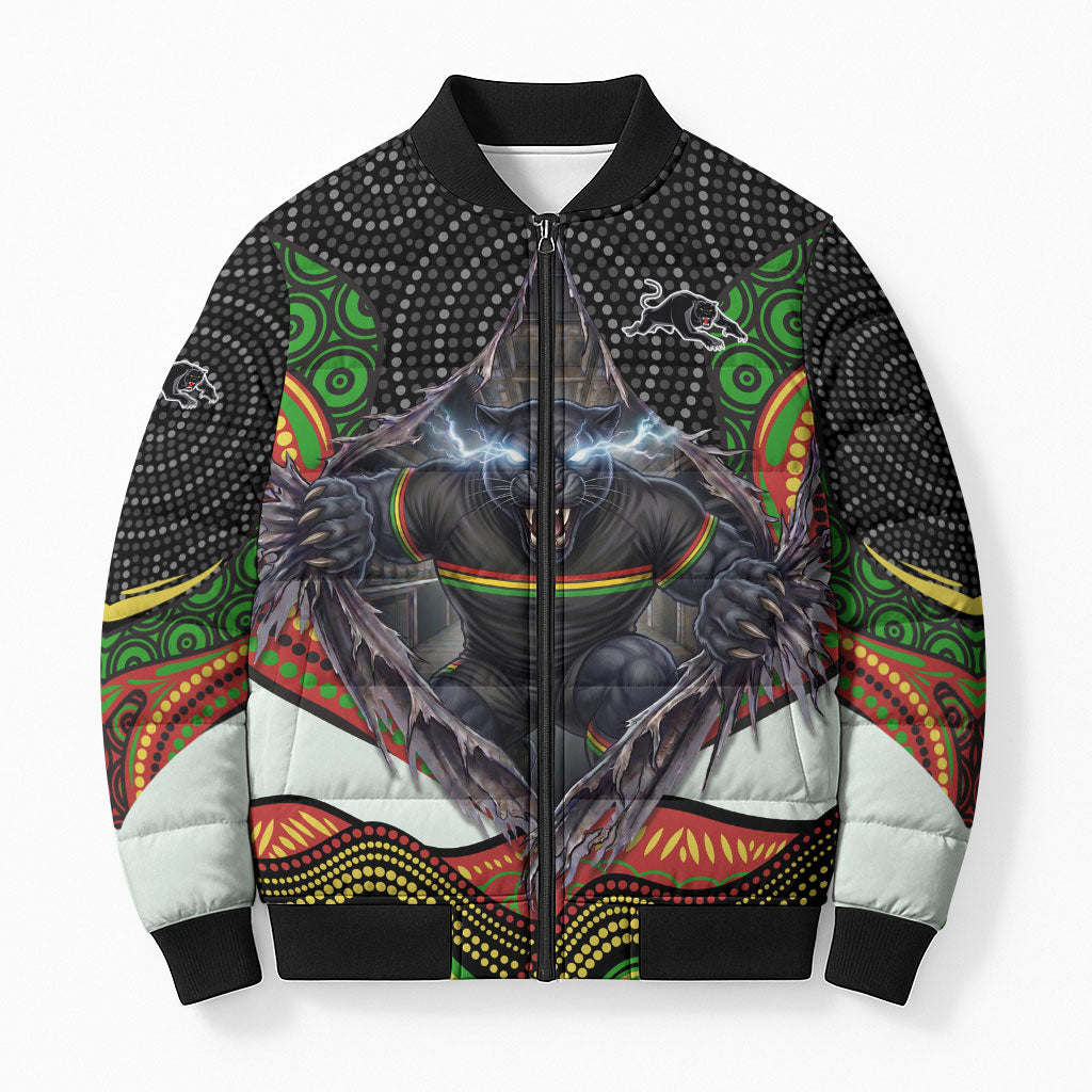 Penrith Panthers Bomber Puffer Jacket The Scream of Lightning Eyes - Indigenous Dot Ripping Effect