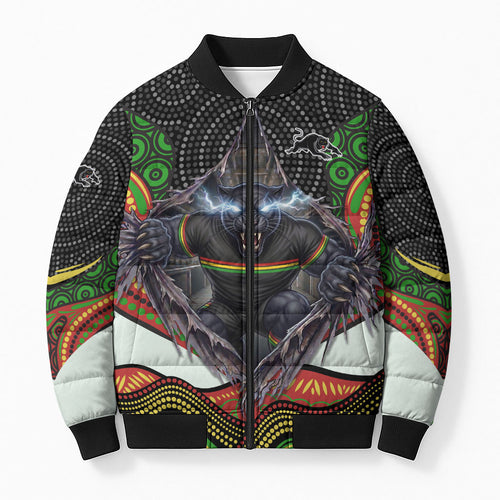 Penrith Panthers Bomber Puffer Jacket The Scream of Lightning Eyes - Indigenous Dot Ripping Effect
