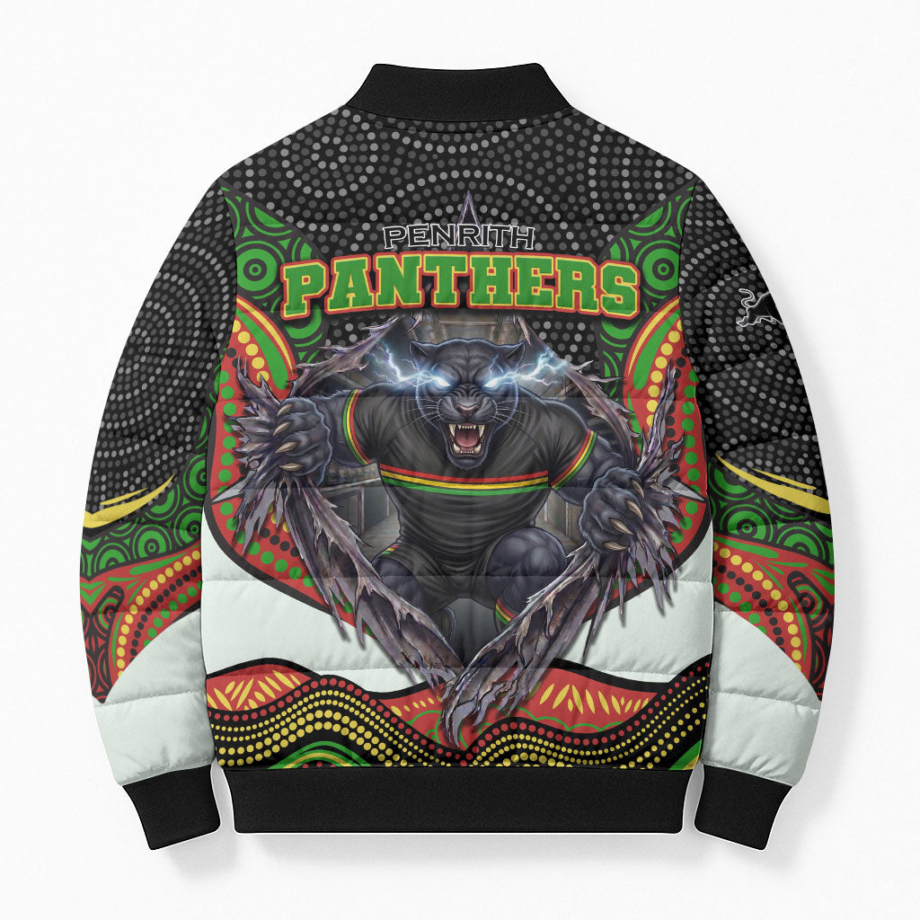 Penrith Panthers Bomber Puffer Jacket The Scream of Lightning Eyes - Indigenous Dot Ripping Effect
