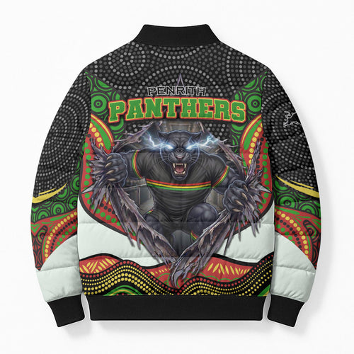 Penrith Panthers Bomber Puffer Jacket The Scream of Lightning Eyes - Indigenous Dot Ripping Effect