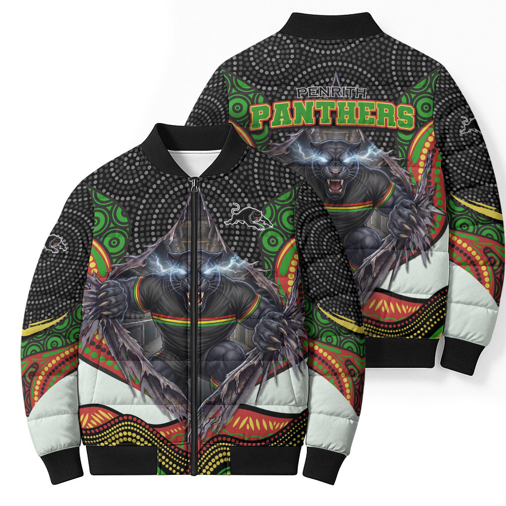 Penrith Panthers Bomber Puffer Jacket The Scream of Lightning Eyes - Indigenous Dot Ripping Effect