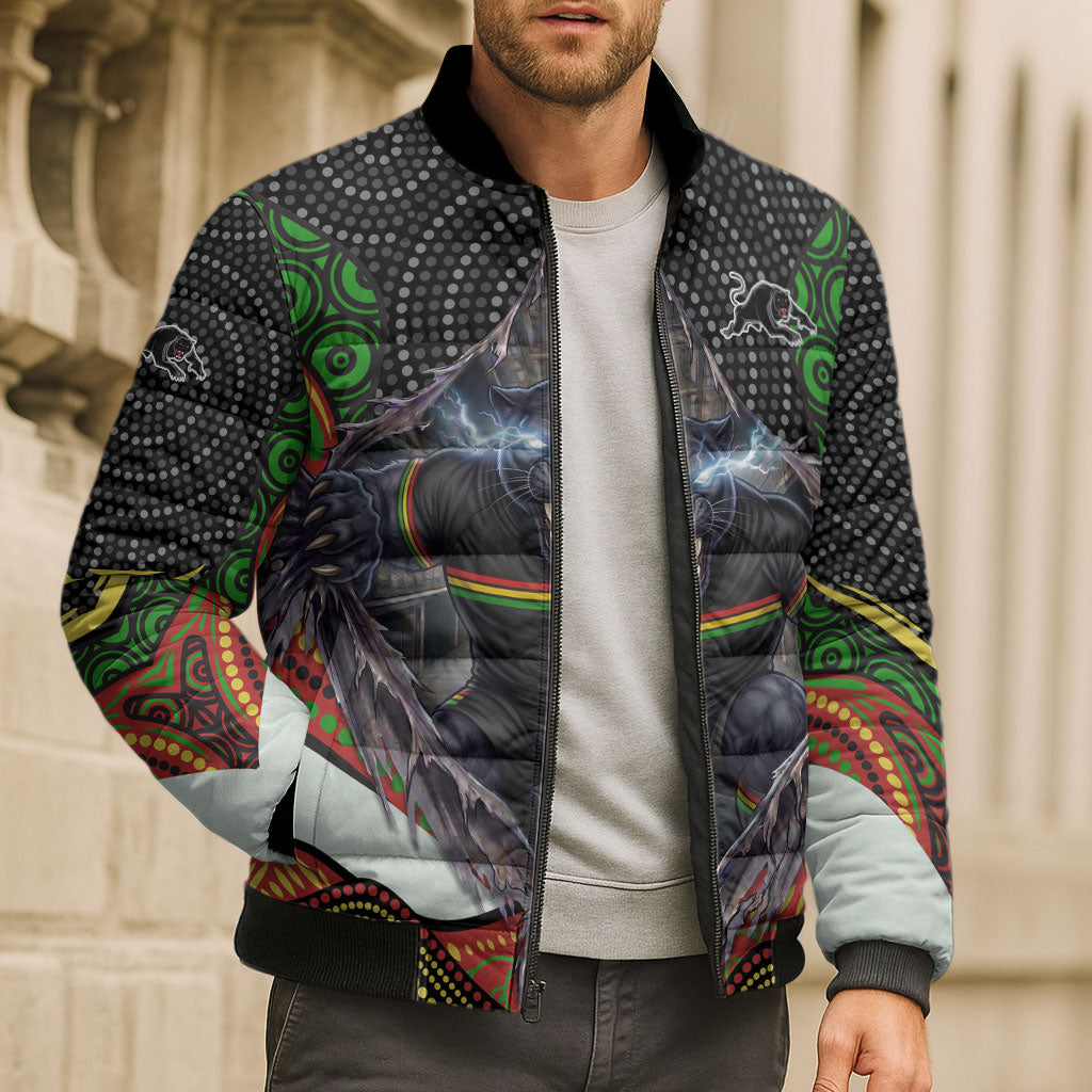 Penrith Panthers Bomber Puffer Jacket The Scream of Lightning Eyes - Indigenous Dot Ripping Effect