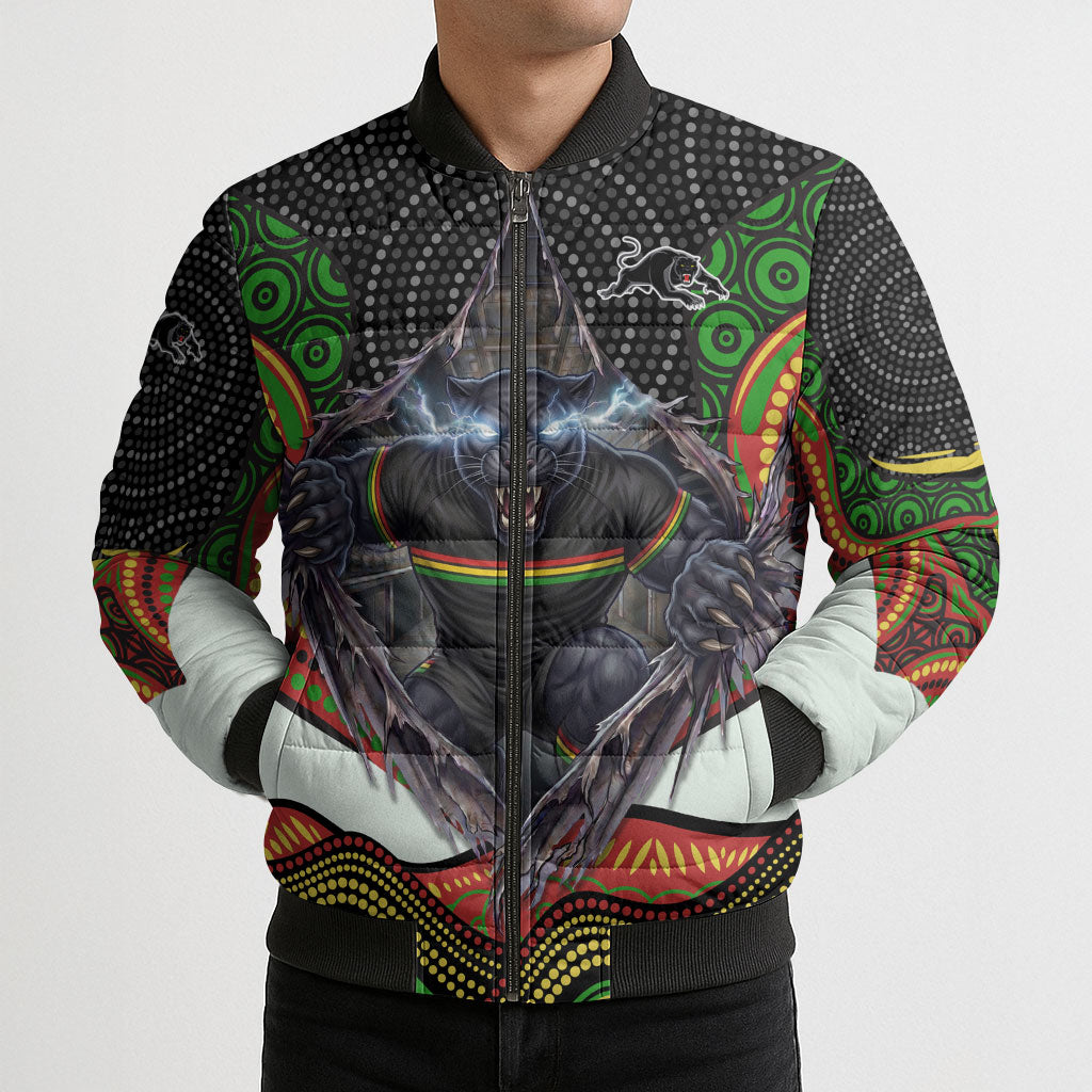 Penrith Panthers Bomber Puffer Jacket The Scream of Lightning Eyes - Indigenous Dot Ripping Effect