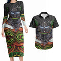 Penrith Panthers Couples Matching Long Sleeve Bodycon Dress and Hawaiian Shirt The Scream of Lightning Eyes - Indigenous Dot Ripping Effect