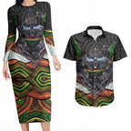 Penrith Panthers Couples Matching Long Sleeve Bodycon Dress and Hawaiian Shirt The Scream of Lightning Eyes - Indigenous Dot Ripping Effect