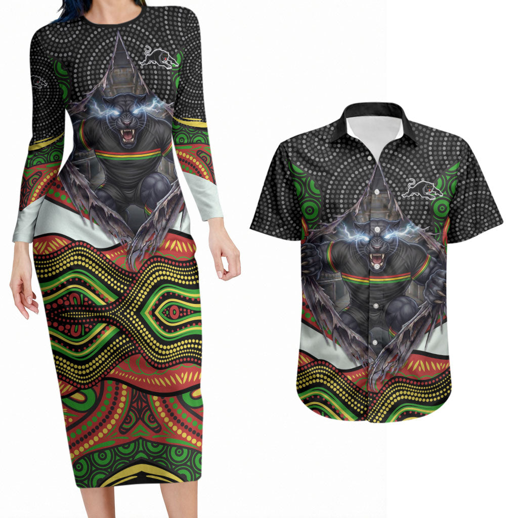 Penrith Panthers Couples Matching Long Sleeve Bodycon Dress and Hawaiian Shirt The Scream of Lightning Eyes - Indigenous Dot Ripping Effect