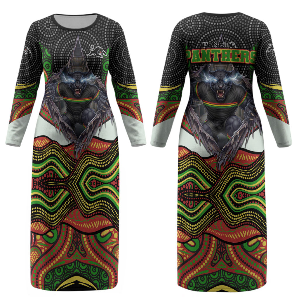 Penrith Panthers Couples Matching Long Sleeve Bodycon Dress and Hawaiian Shirt The Scream of Lightning Eyes - Indigenous Dot Ripping Effect