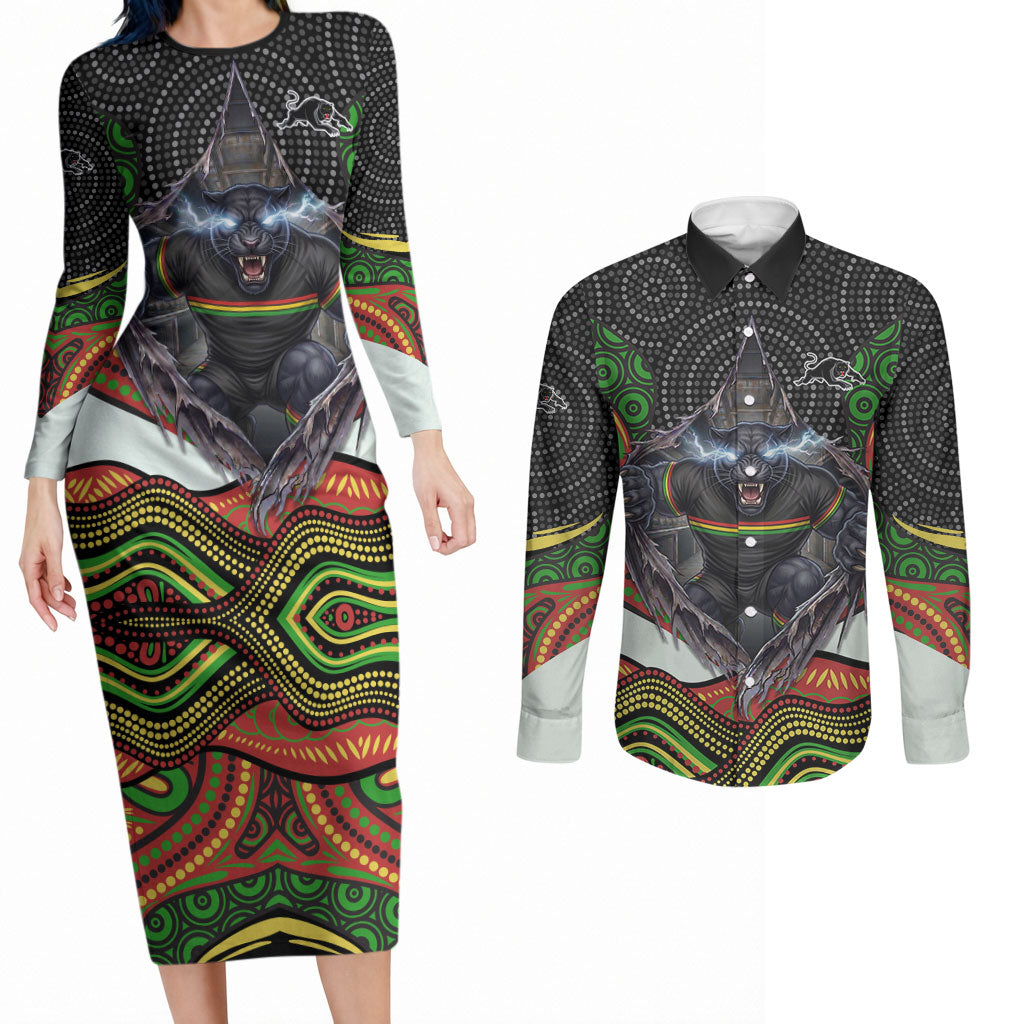 Penrith Panthers Couples Matching Long Sleeve Bodycon Dress and Long Sleeve Button Shirt The Scream of Lightning Eyes - Indigenous Dot Ripping Effect