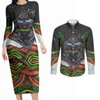 Penrith Panthers Couples Matching Long Sleeve Bodycon Dress and Long Sleeve Button Shirt The Scream of Lightning Eyes - Indigenous Dot Ripping Effect