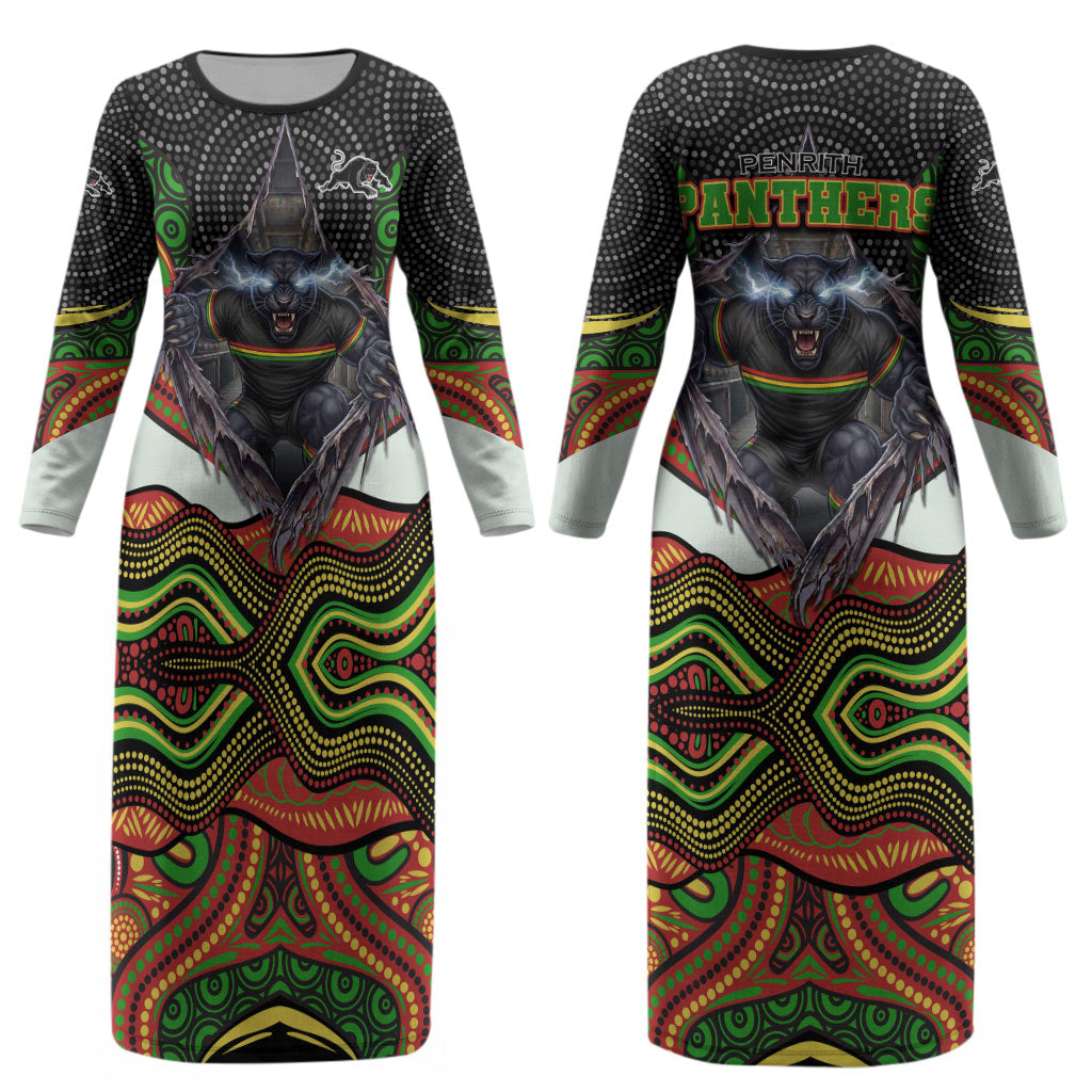 Penrith Panthers Couples Matching Long Sleeve Bodycon Dress and Long Sleeve Button Shirt The Scream of Lightning Eyes - Indigenous Dot Ripping Effect