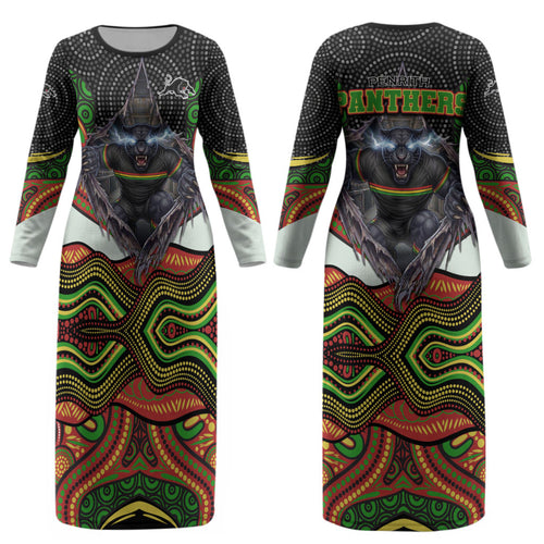 Penrith Panthers Couples Matching Long Sleeve Bodycon Dress and Long Sleeve Button Shirt The Scream of Lightning Eyes - Indigenous Dot Ripping Effect