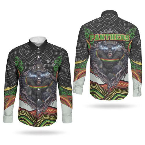 Penrith Panthers Couples Matching Mermaid Dress and Long Sleeve Button Shirt The Scream of Lightning Eyes - Indigenous Dot Ripping Effect
