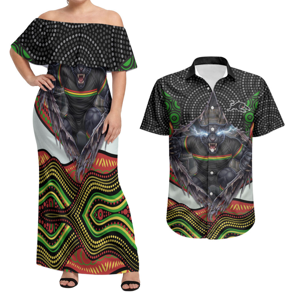 Penrith Panthers Couples Matching Off Shoulder Maxi Dress and Hawaiian Shirt The Scream of Lightning Eyes - Indigenous Dot Ripping Effect