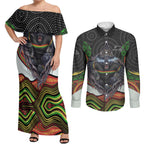 Penrith Panthers Couples Matching Off Shoulder Maxi Dress and Long Sleeve Button Shirt The Scream of Lightning Eyes - Indigenous Dot Ripping Effect