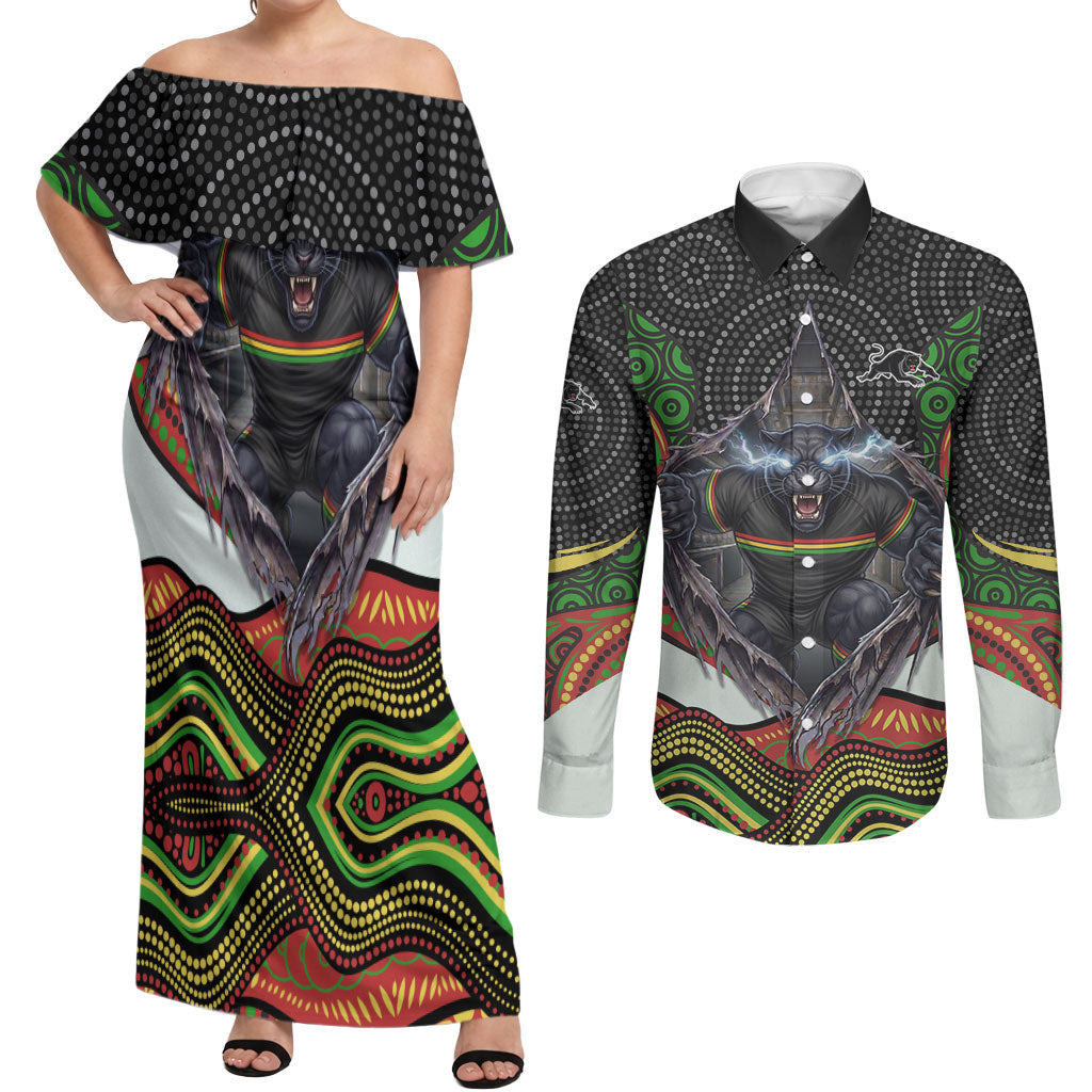 Penrith Panthers Couples Matching Off Shoulder Maxi Dress and Long Sleeve Button Shirt The Scream of Lightning Eyes - Indigenous Dot Ripping Effect