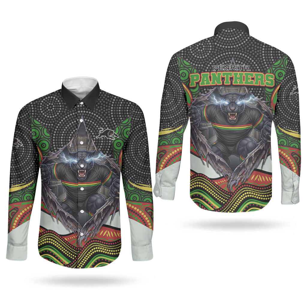 Penrith Panthers Couples Matching Off Shoulder Maxi Dress and Long Sleeve Button Shirt The Scream of Lightning Eyes - Indigenous Dot Ripping Effect