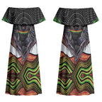 Penrith Panthers Couples Matching Off Shoulder Maxi Dress and Long Sleeve Button Shirt The Scream of Lightning Eyes - Indigenous Dot Ripping Effect