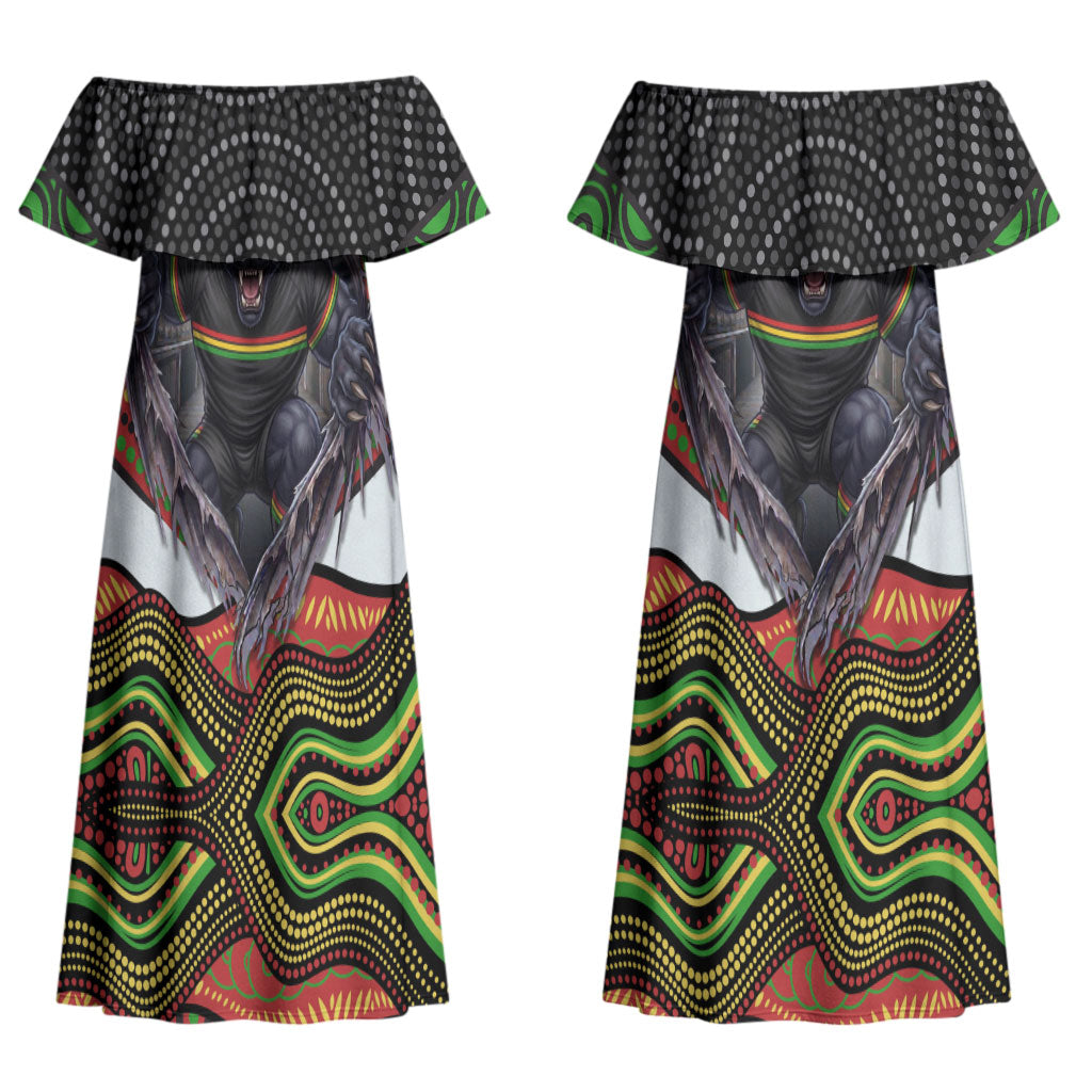 Penrith Panthers Couples Matching Off Shoulder Maxi Dress and Long Sleeve Button Shirt The Scream of Lightning Eyes - Indigenous Dot Ripping Effect