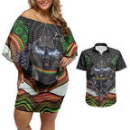 Penrith Panthers Couples Matching Off Shoulder Short Dress and Hawaiian Shirt The Scream of Lightning Eyes - Indigenous Dot Ripping Effect