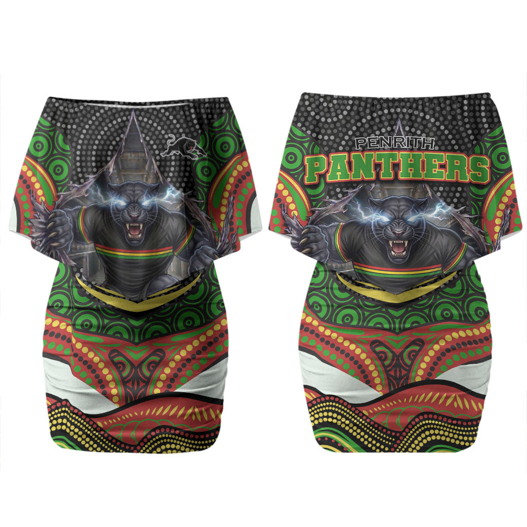 Penrith Panthers Couples Matching Off Shoulder Short Dress and Hawaiian Shirt The Scream of Lightning Eyes - Indigenous Dot Ripping Effect