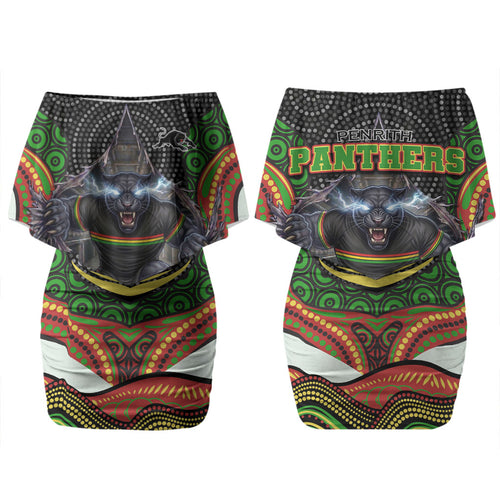 Penrith Panthers Couples Matching Off Shoulder Short Dress and Hawaiian Shirt The Scream of Lightning Eyes - Indigenous Dot Ripping Effect