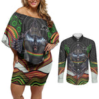 Penrith Panthers Couples Matching Off Shoulder Short Dress and Long Sleeve Button Shirt The Scream of Lightning Eyes - Indigenous Dot Ripping Effect