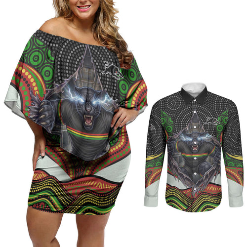 Penrith Panthers Couples Matching Off Shoulder Short Dress and Long Sleeve Button Shirt The Scream of Lightning Eyes - Indigenous Dot Ripping Effect