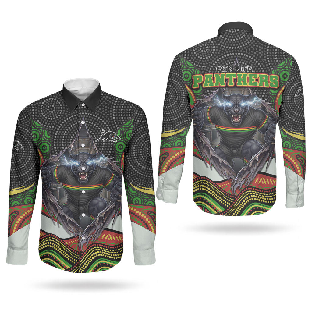 Penrith Panthers Couples Matching Off Shoulder Short Dress and Long Sleeve Button Shirt The Scream of Lightning Eyes - Indigenous Dot Ripping Effect