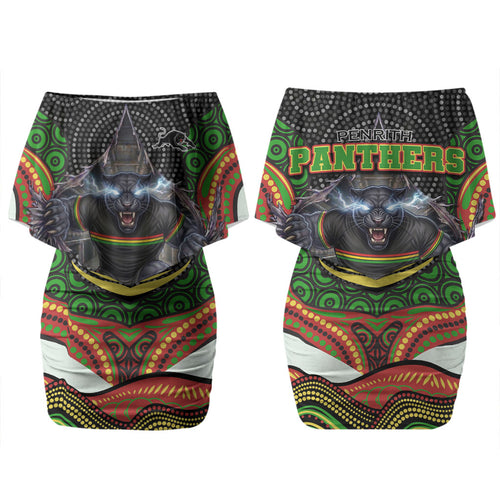 Penrith Panthers Couples Matching Off Shoulder Short Dress and Long Sleeve Button Shirt The Scream of Lightning Eyes - Indigenous Dot Ripping Effect