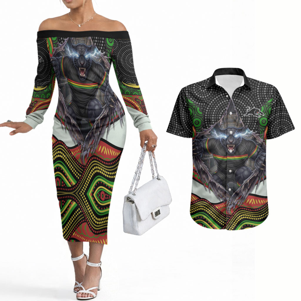Penrith Panthers Couples Matching Off The Shoulder Long Sleeve Dress and Hawaiian Shirt The Scream of Lightning Eyes - Indigenous Dot Ripping Effect