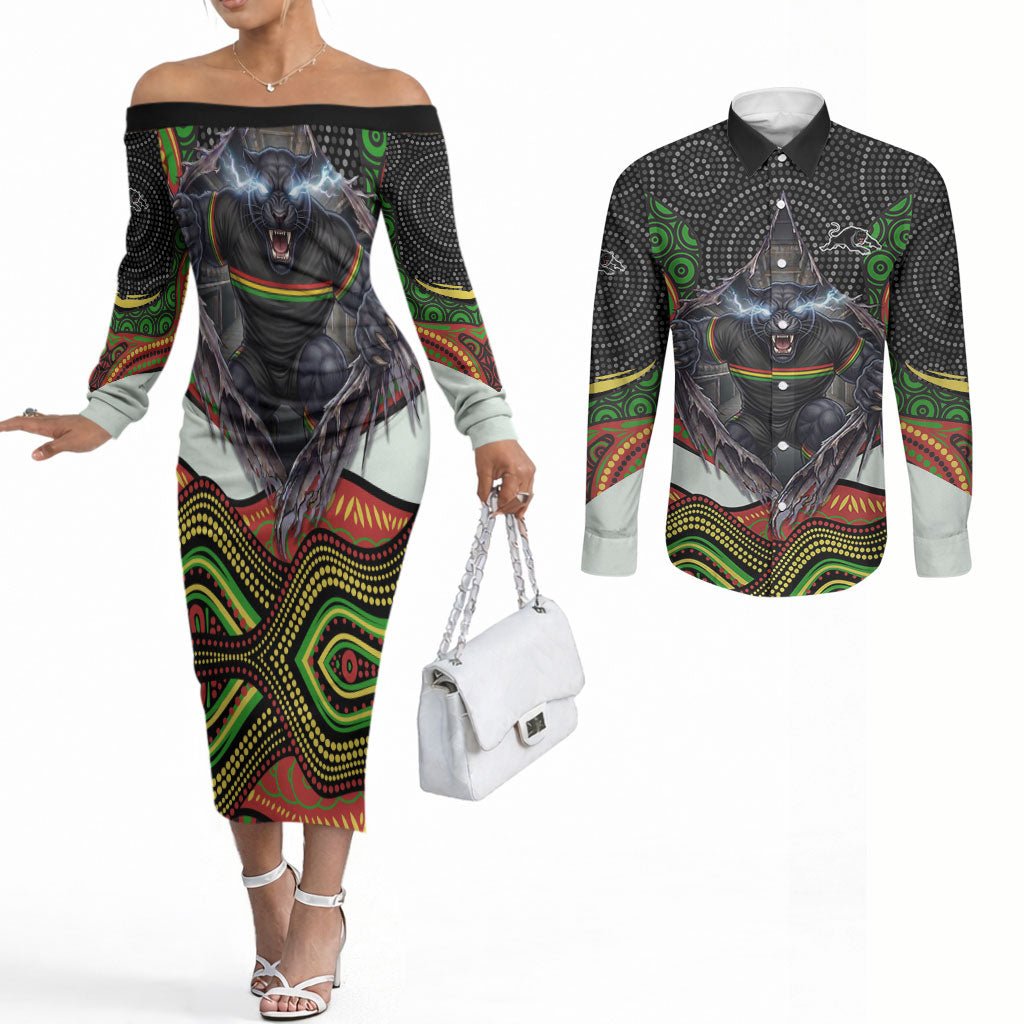 Penrith Panthers Couples Matching Off The Shoulder Long Sleeve Dress and Long Sleeve Button Shirt The Scream of Lightning Eyes - Indigenous Dot Ripping Effect