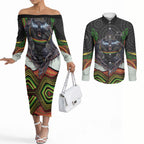Penrith Panthers Couples Matching Off The Shoulder Long Sleeve Dress and Long Sleeve Button Shirt The Scream of Lightning Eyes - Indigenous Dot Ripping Effect