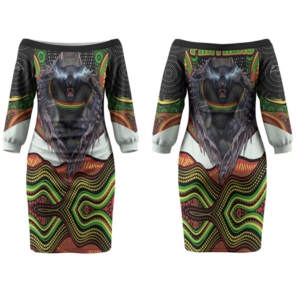 Penrith Panthers Couples Matching Off The Shoulder Long Sleeve Dress and Long Sleeve Button Shirt The Scream of Lightning Eyes - Indigenous Dot Ripping Effect