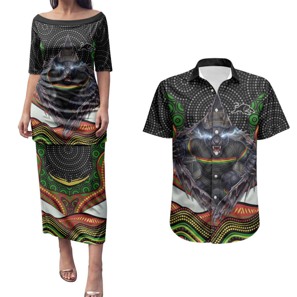Penrith Panthers Couples Matching Puletasi and Hawaiian Shirt The Scream of Lightning Eyes - Indigenous Dot Ripping Effect