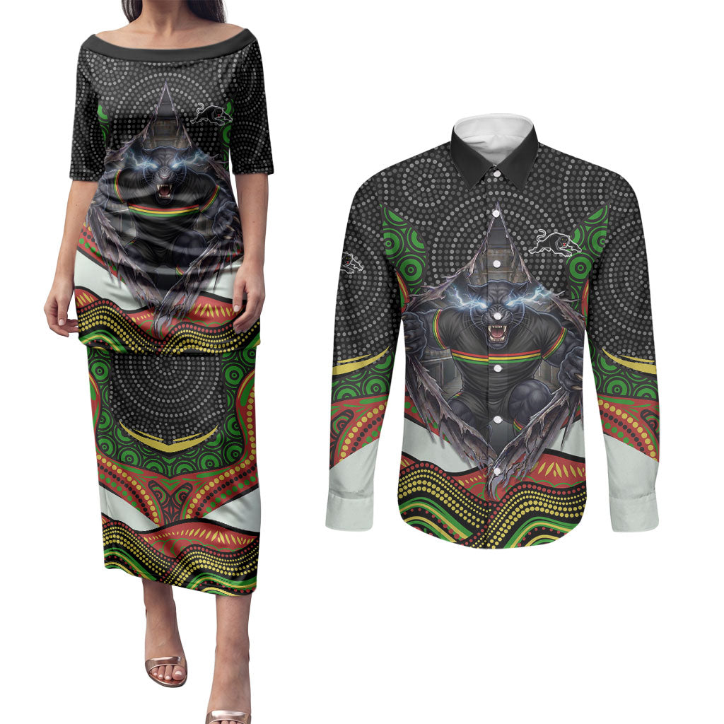 Penrith Panthers Couples Matching Puletasi and Long Sleeve Button Shirt The Scream of Lightning Eyes - Indigenous Dot Ripping Effect