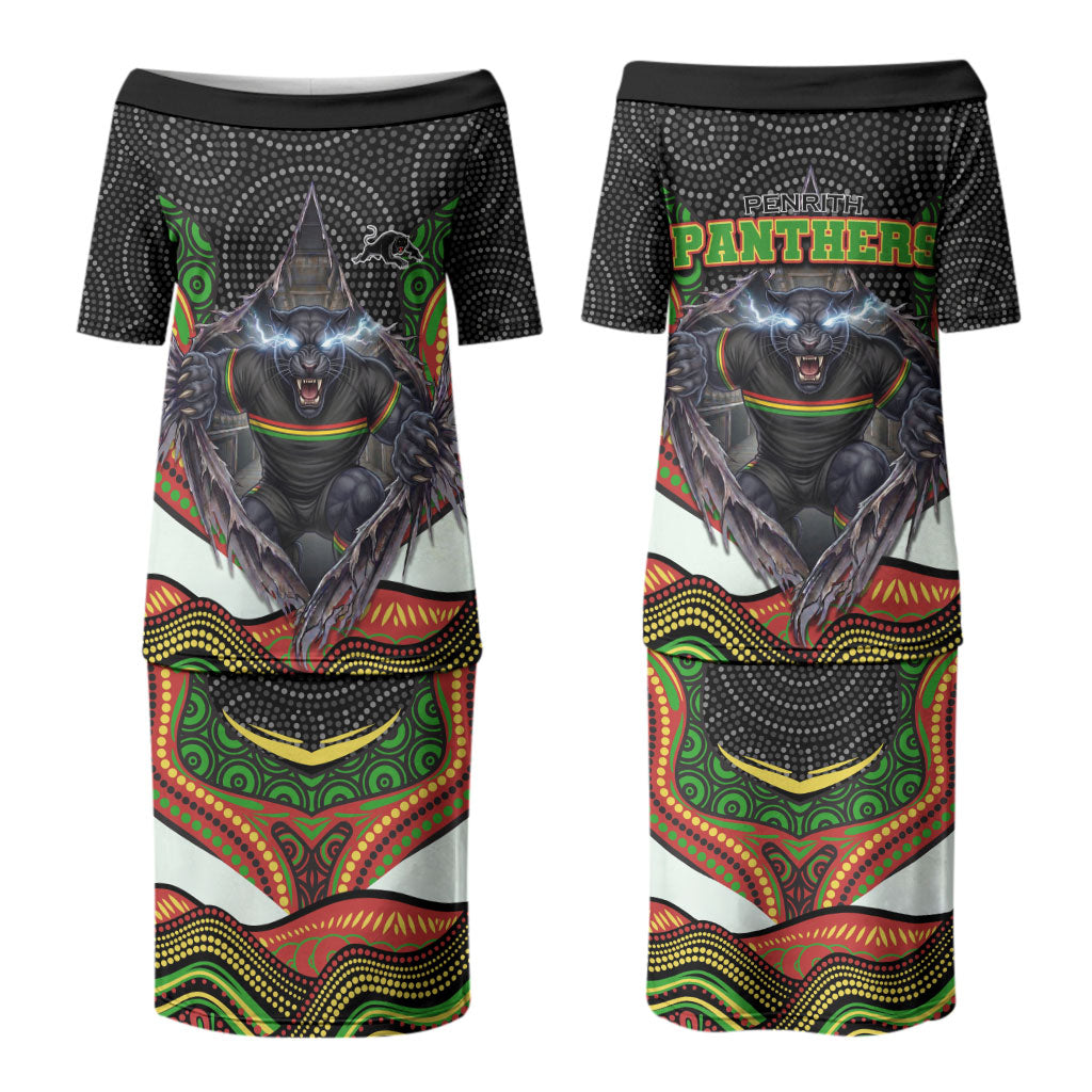 Penrith Panthers Couples Matching Puletasi and Long Sleeve Button Shirt The Scream of Lightning Eyes - Indigenous Dot Ripping Effect