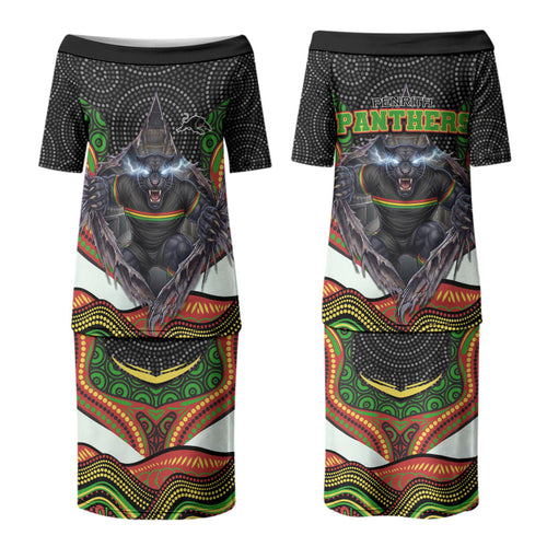 Penrith Panthers Couples Matching Puletasi and Long Sleeve Button Shirt The Scream of Lightning Eyes - Indigenous Dot Ripping Effect