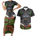 Penrith Panthers Couples Matching Short Sleeve Bodycon Dress and Hawaiian Shirt The Scream of Lightning Eyes - Indigenous Dot Ripping Effect