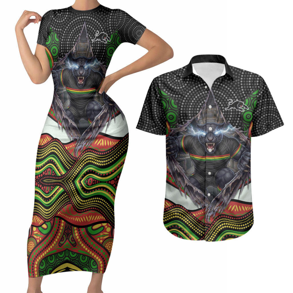 Penrith Panthers Couples Matching Short Sleeve Bodycon Dress and Hawaiian Shirt The Scream of Lightning Eyes - Indigenous Dot Ripping Effect