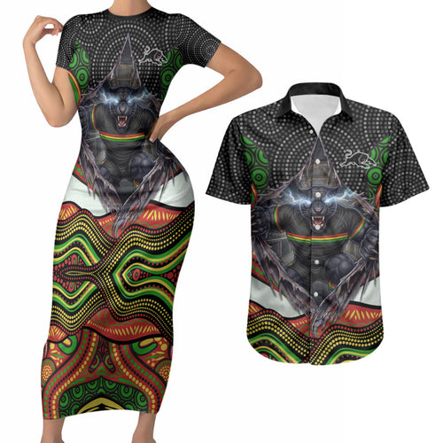 Penrith Panthers Couples Matching Short Sleeve Bodycon Dress and Hawaiian Shirt The Scream of Lightning Eyes - Indigenous Dot Ripping Effect