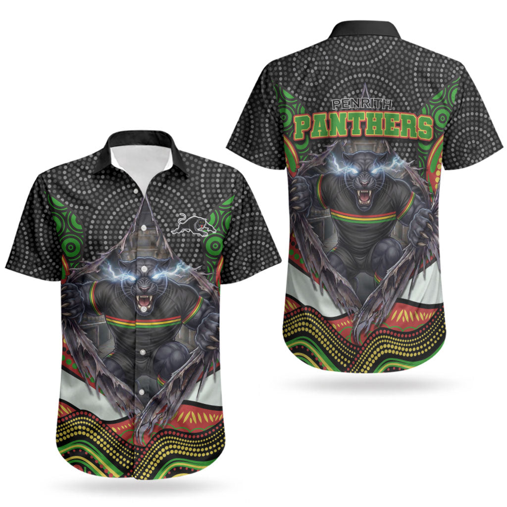 Penrith Panthers Couples Matching Short Sleeve Bodycon Dress and Hawaiian Shirt The Scream of Lightning Eyes - Indigenous Dot Ripping Effect