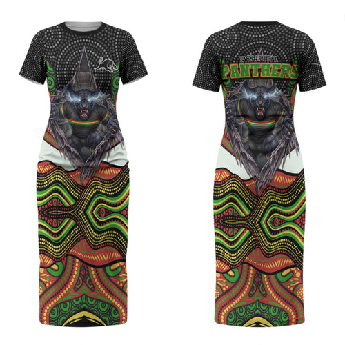 Penrith Panthers Couples Matching Short Sleeve Bodycon Dress and Hawaiian Shirt The Scream of Lightning Eyes - Indigenous Dot Ripping Effect